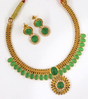 Traditional Green Stone Gold Plated Necklace Set with Earrings