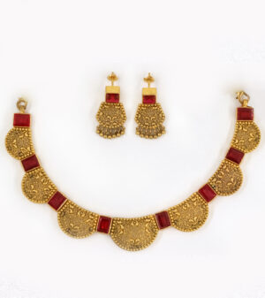 Antique Gold Necklace Set with Red Stones & Earrings